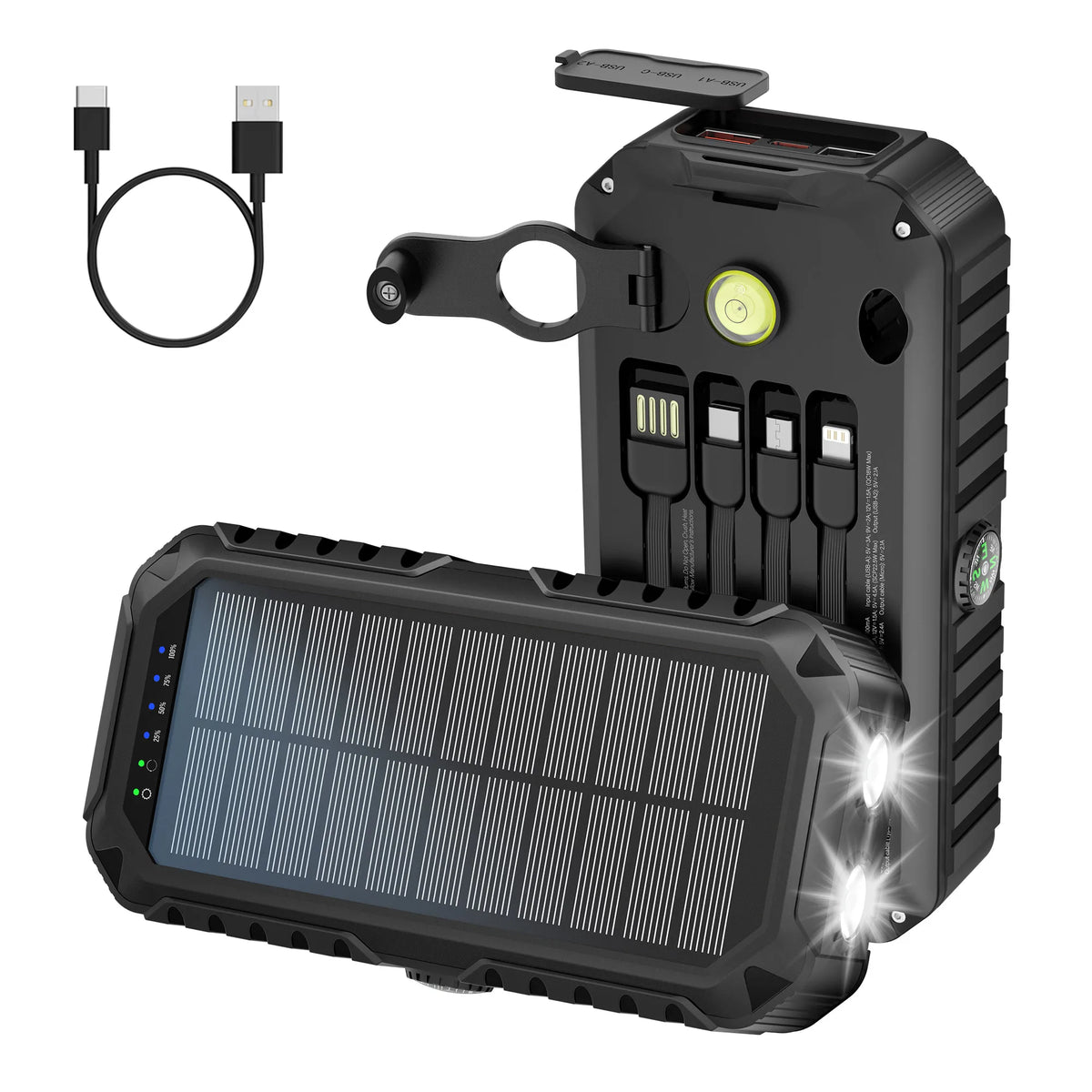 40,000mAh Solar Power Bank with Hand Crank — 4 Built-In Cables, Compass & LED Flashlight
