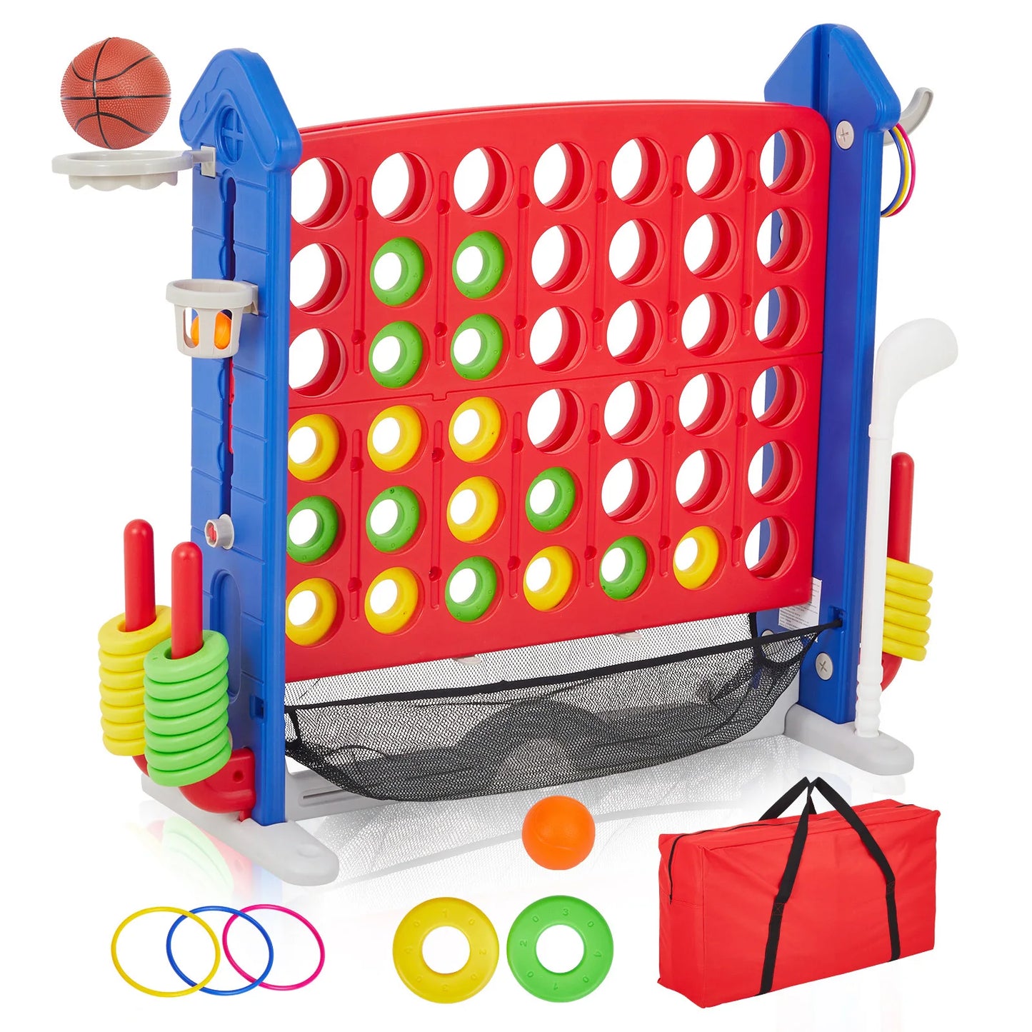 4-in-1 Giant Connect Game Set, Adjustable Height, Basketball Hoop, Ring Toss