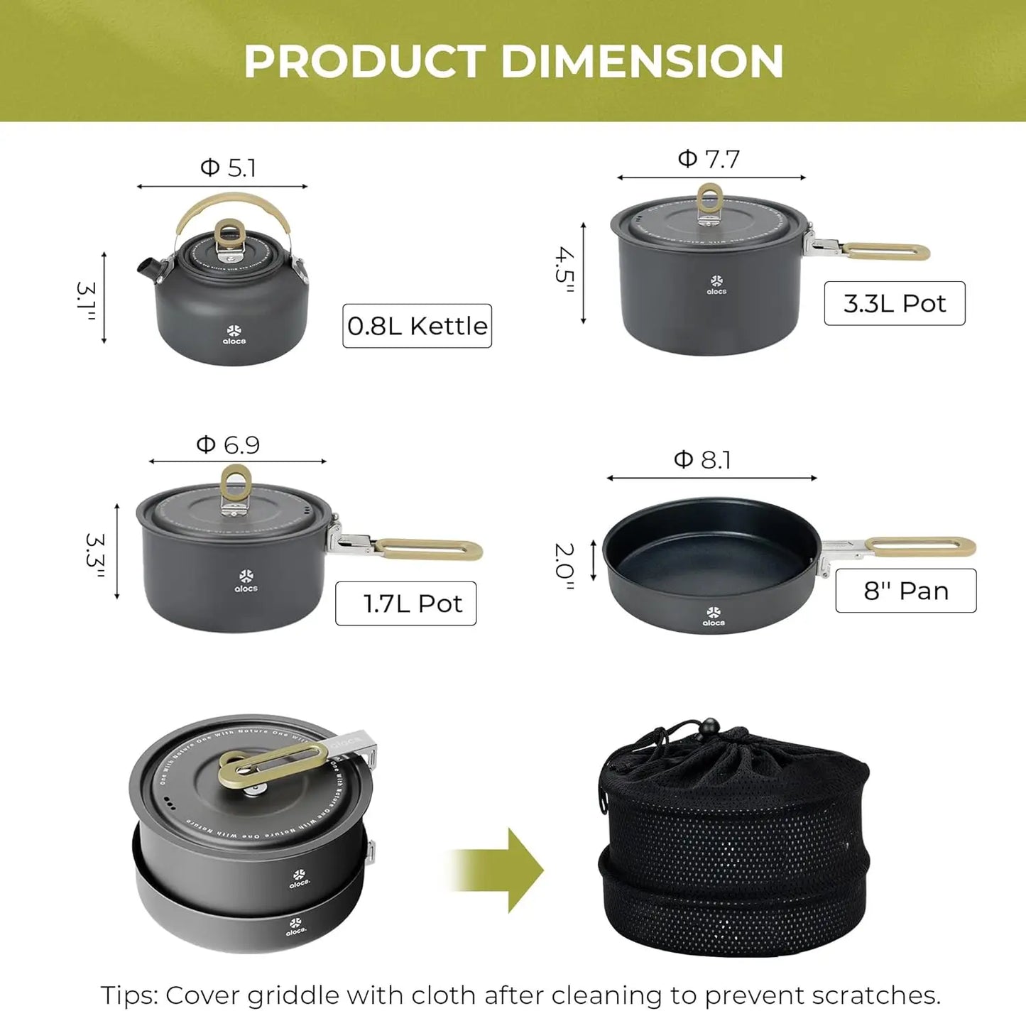 Camping Cookware Set for 2 – Lightweight Hard-Anodized Pots, Pans & Kettle