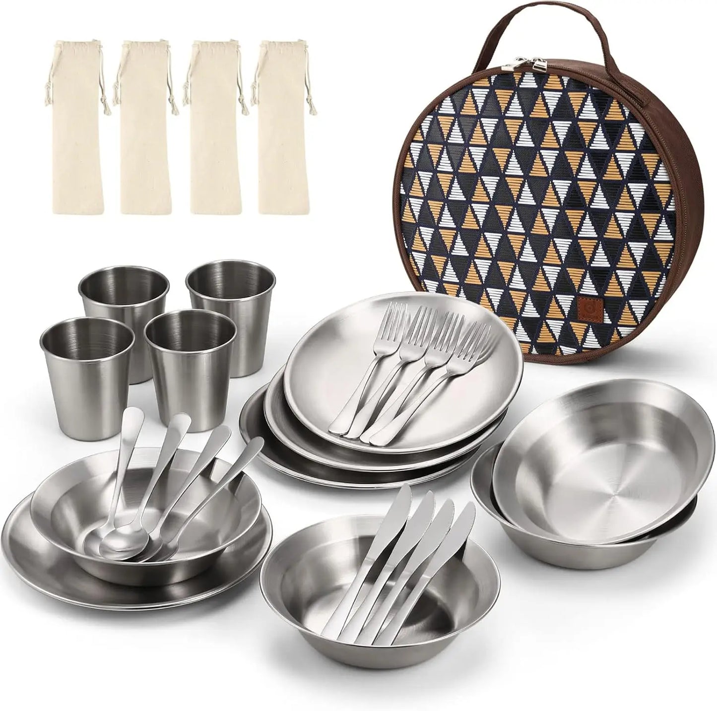 Stainless Steel Family Camping Mess Kit | Plates, Bowls, Utensils & Storage Bag