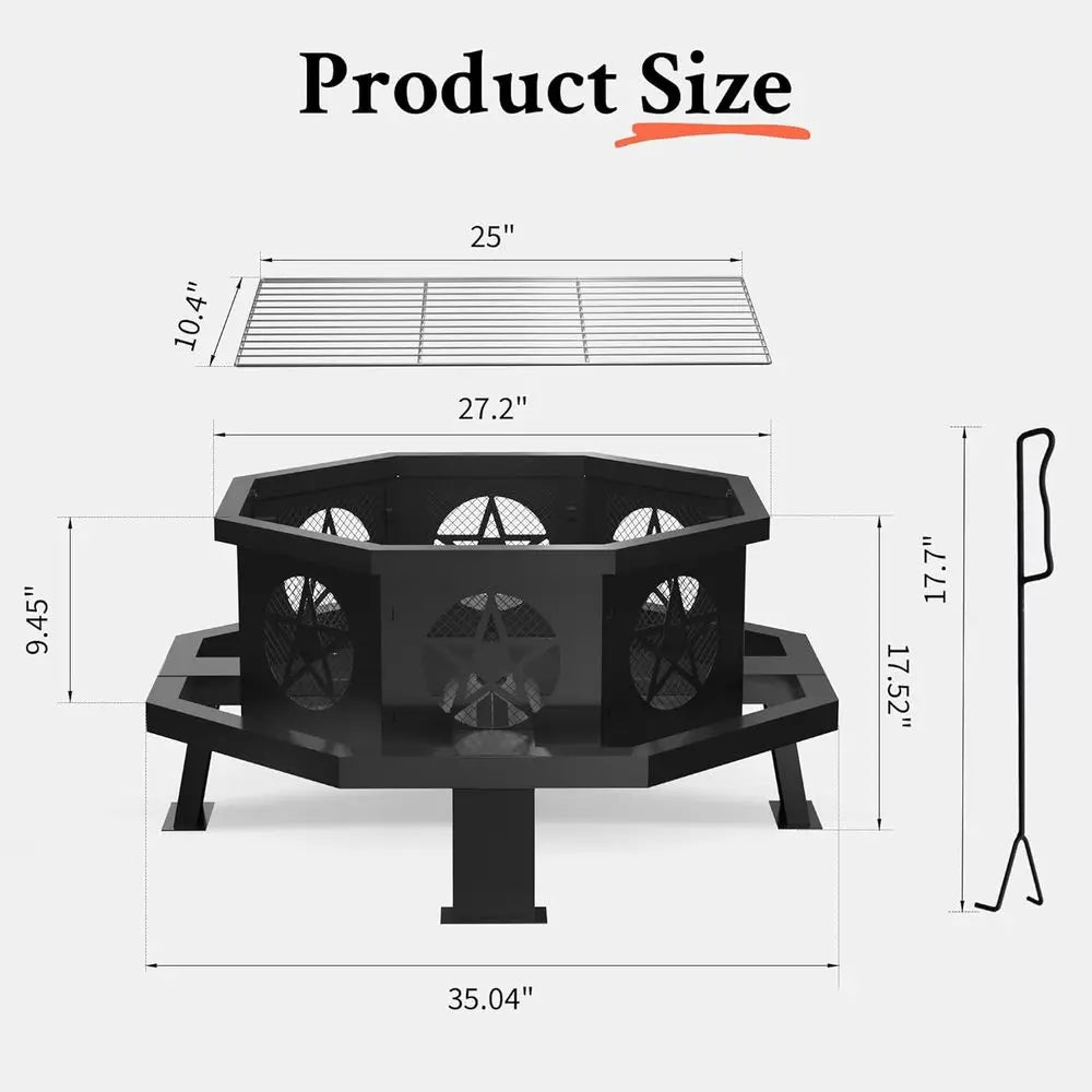 35 Octagonal Outdoor Wood Fire Pit with Grill