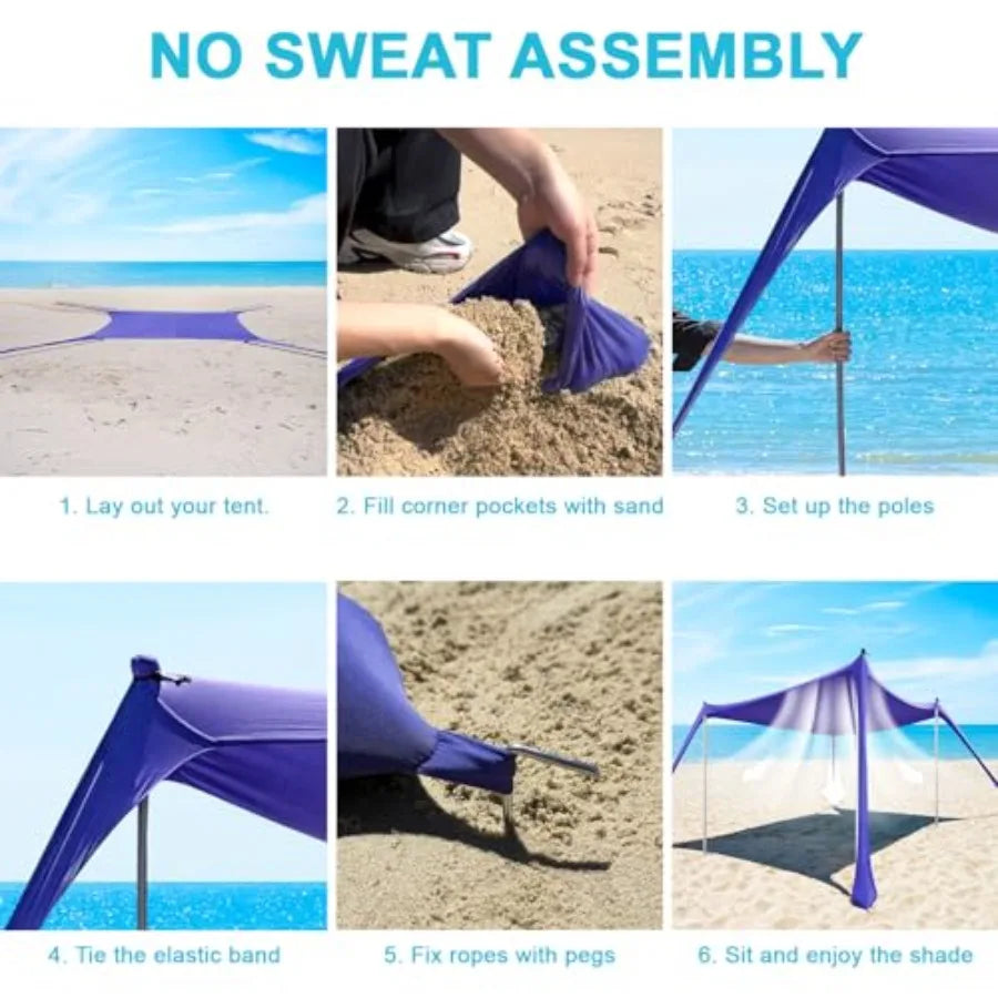 Beach Canopy- 10 x 10 FT Beach Shade, Polyester Fabric in Blue, UPF50 Sun Protection