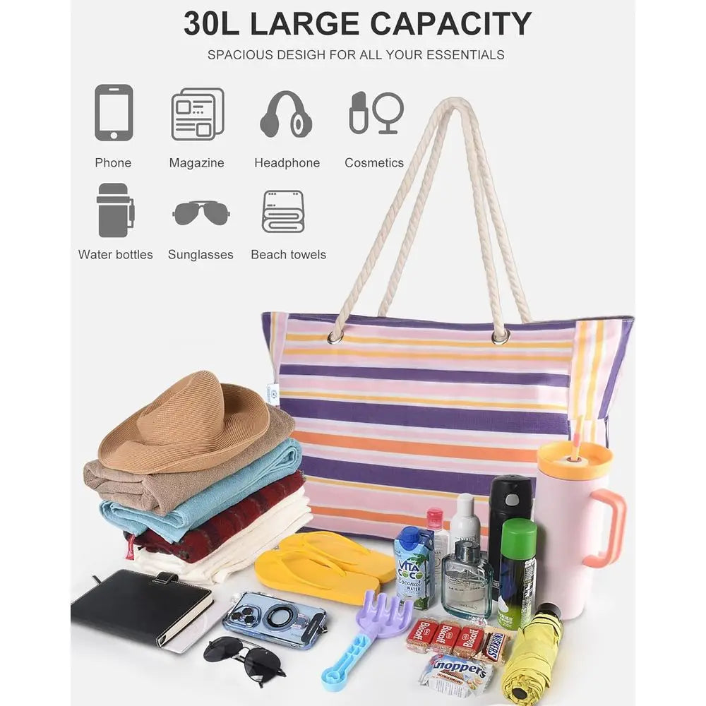 Large Waterproof Beach Tote with Zipper, Solid or Travel Pool