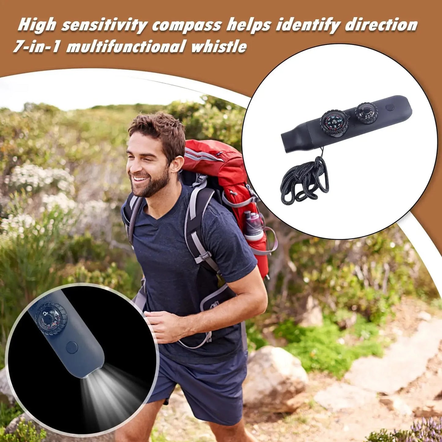 Emergency Survival Whistle with Lanyard, Compass, Flashlight