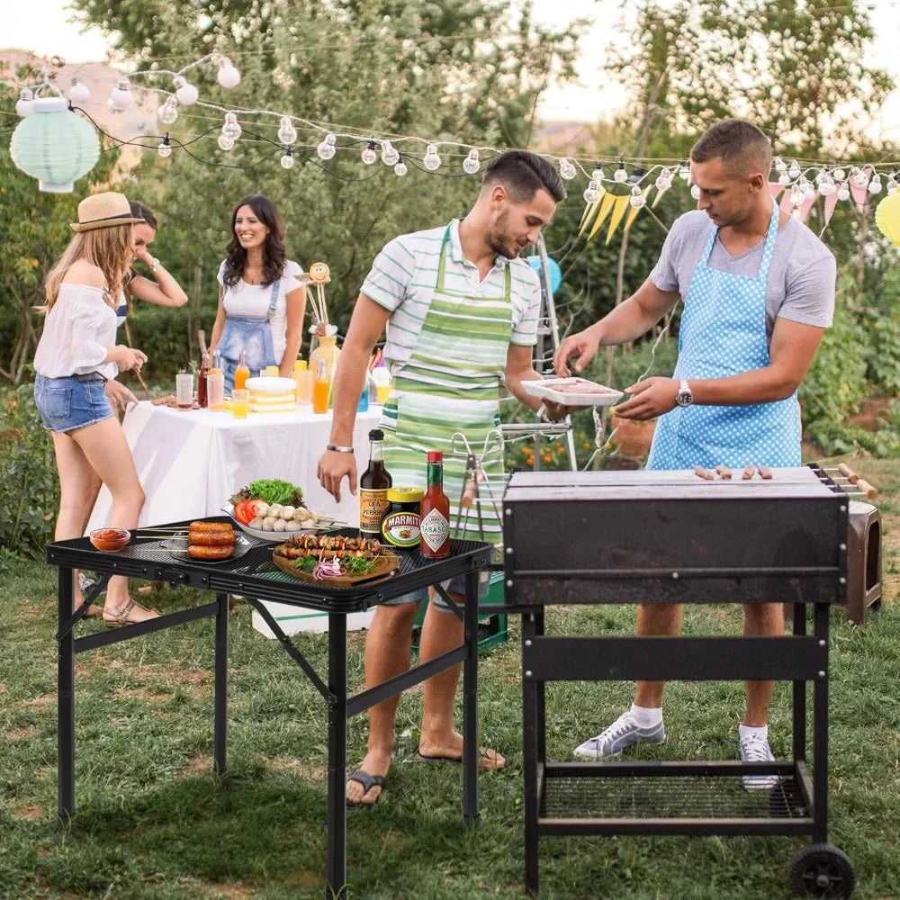 Portable Folding Camping Table | Height Adjustable Metal Mesh Top for Outdoor Cooking & Picnic