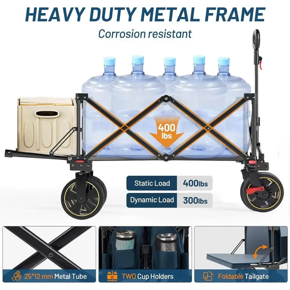 49 Long Folding Wagon with Tailgate and Brakes, 300lbs Capacity, Adjustable Handle, 250L Storage