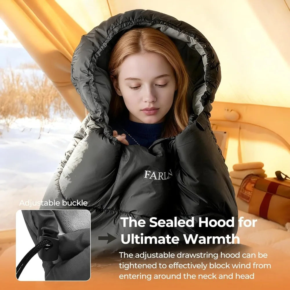 FARLAND Cold Weather Sleeping Bag for Adults – Fleece-Lined, Down-Cotton Fill, Rated to -20°C