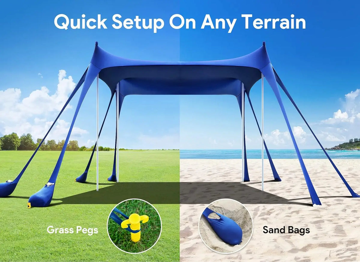 Outdoor Beach Canopy Tent — UPF50+, Sand Pockets, Stakes, Shovels & Support Poles