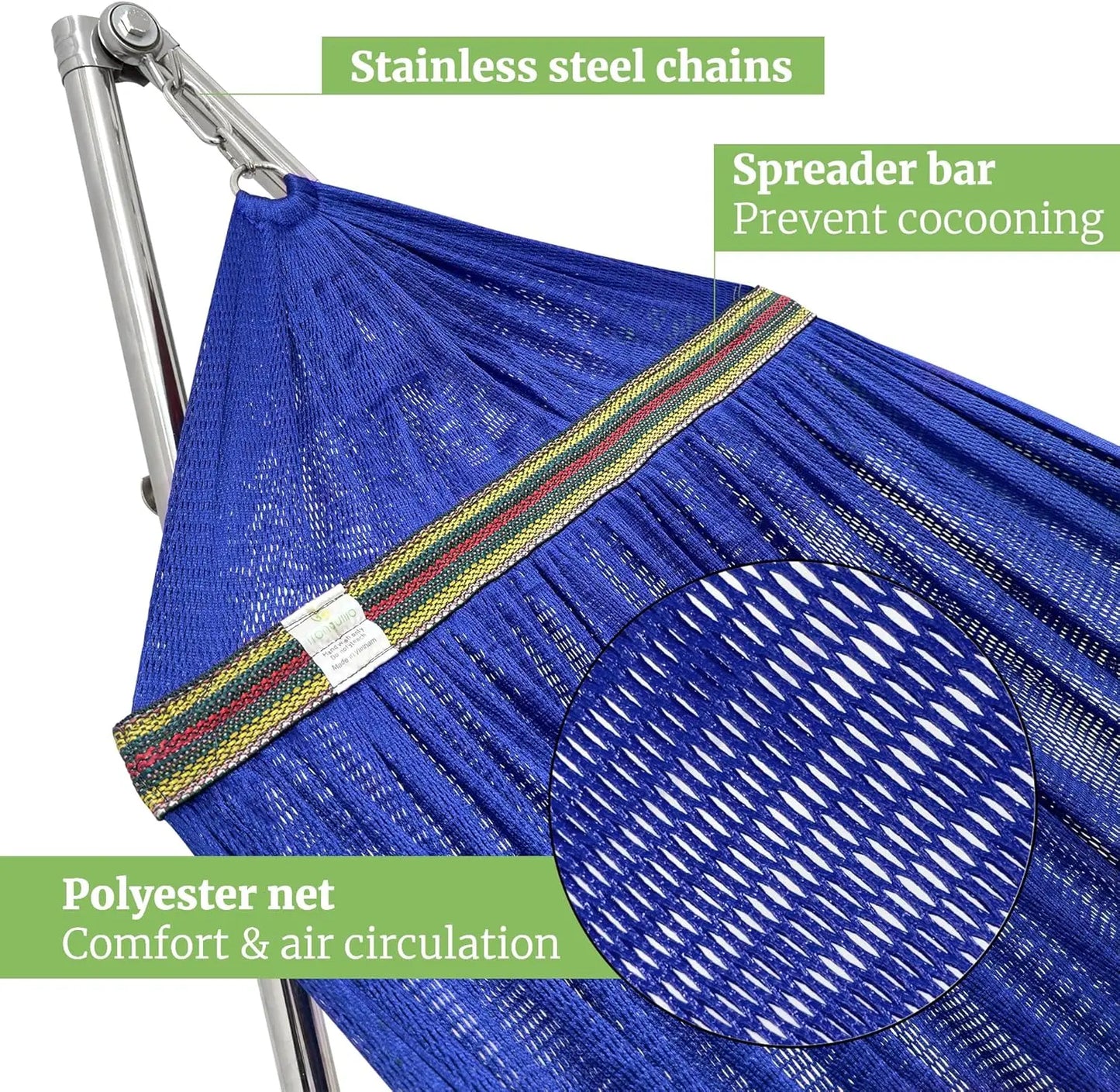 Double Hammock with Stand, 650lb Capacity, Stainless Steel Frame, Portable Setup in Blue