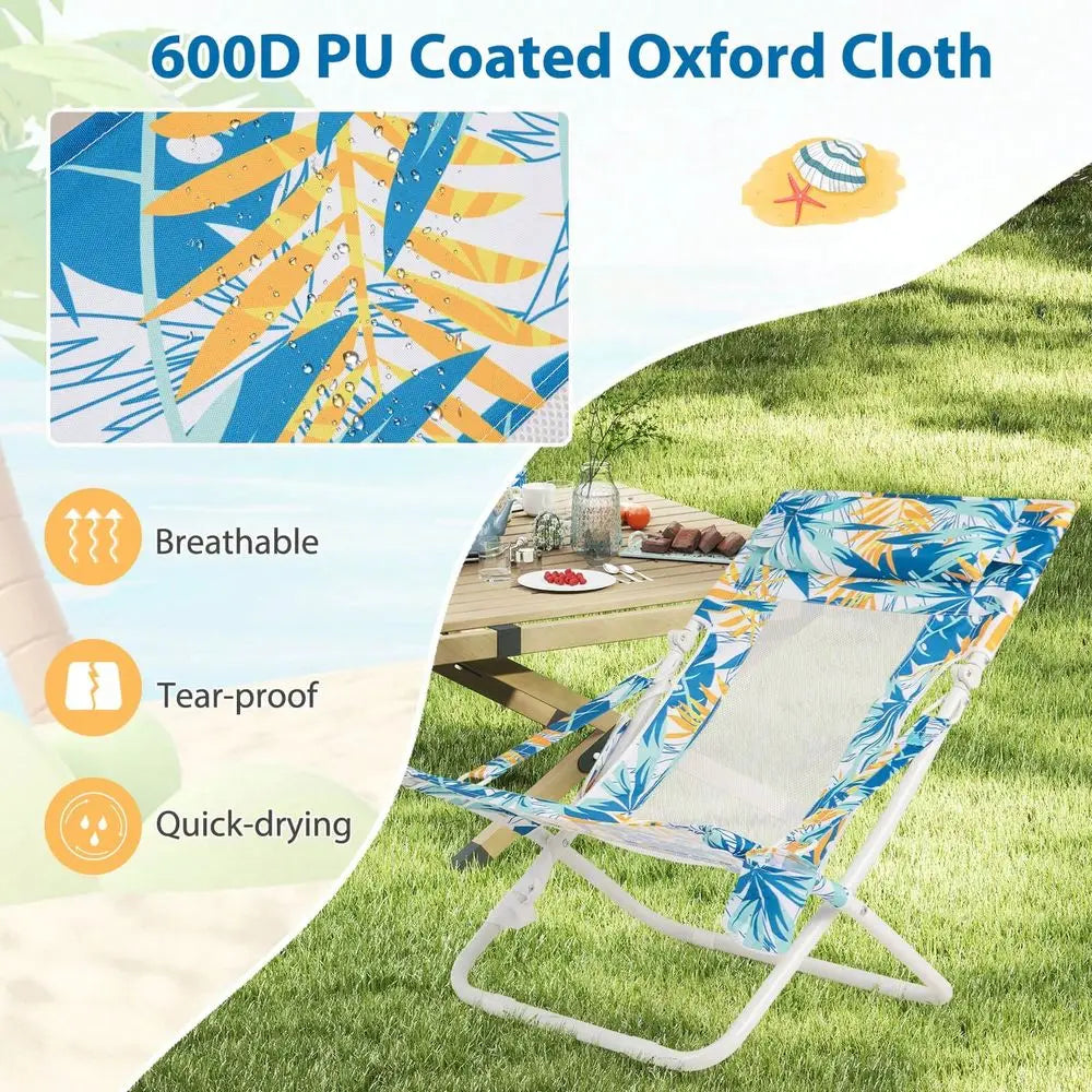 Folding Low Beach Chair, Set Of 2 With Padded Head Pillow