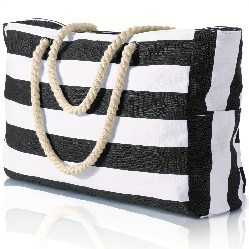 Fashion Striped Beach Tote Bag, Waterproof and Sand-Proof Foldable Beach Bag, Large-Capacity Portable Storage Bag, Shoulder Bag