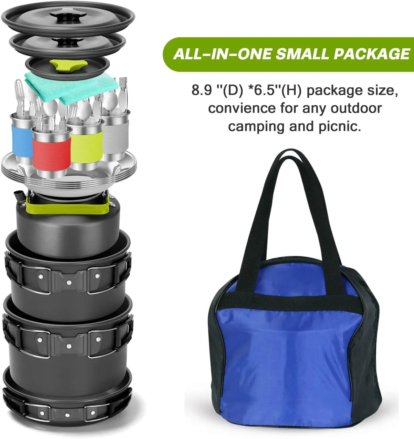 29-Piece Camping Cookware Mess Kit | Non-Stick Pots, Pan, Kettle & Stainless Cutlery for 4