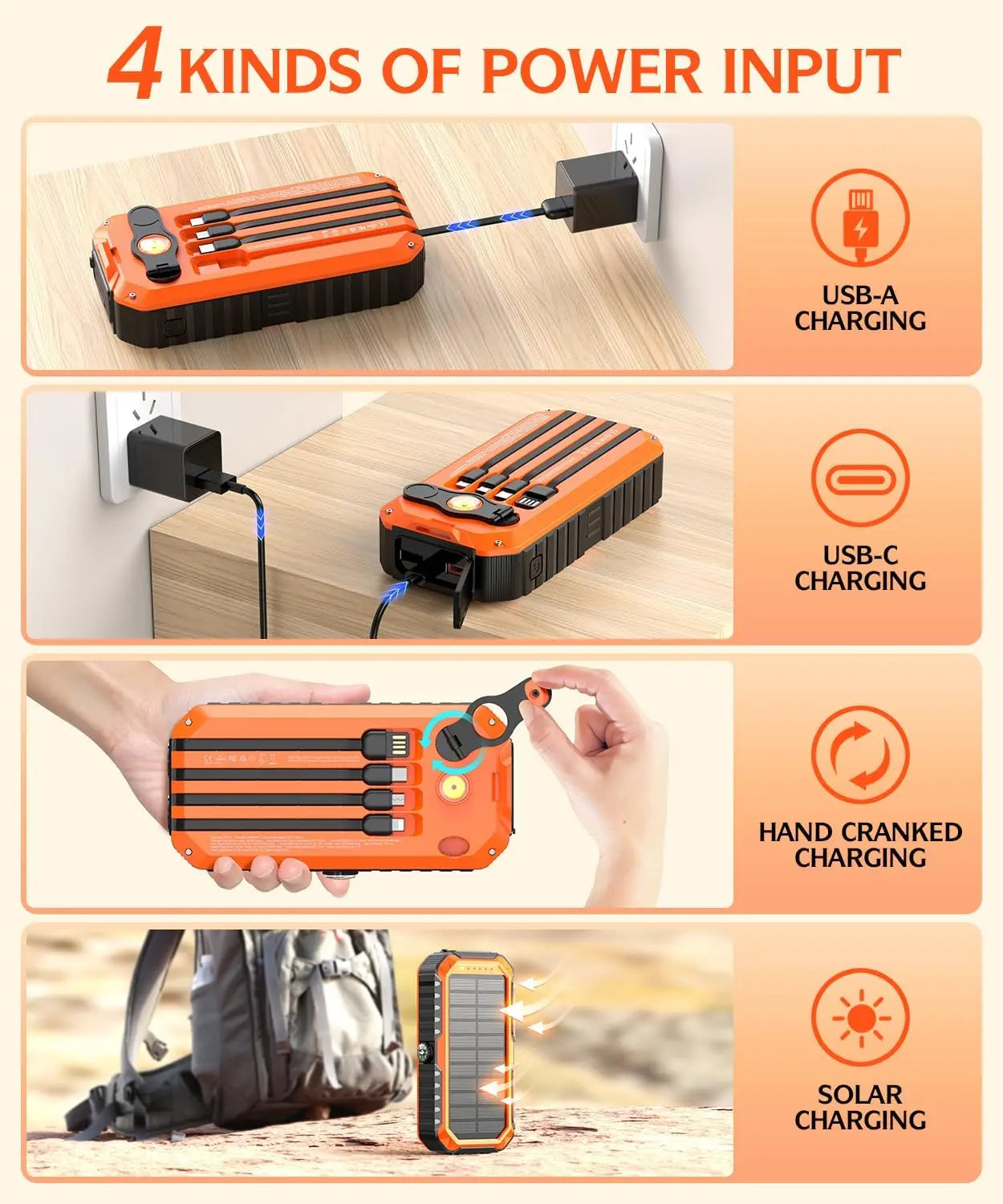 Solar Charger Power Bank 40000mAh Built in 4 Cables and Hand Crank