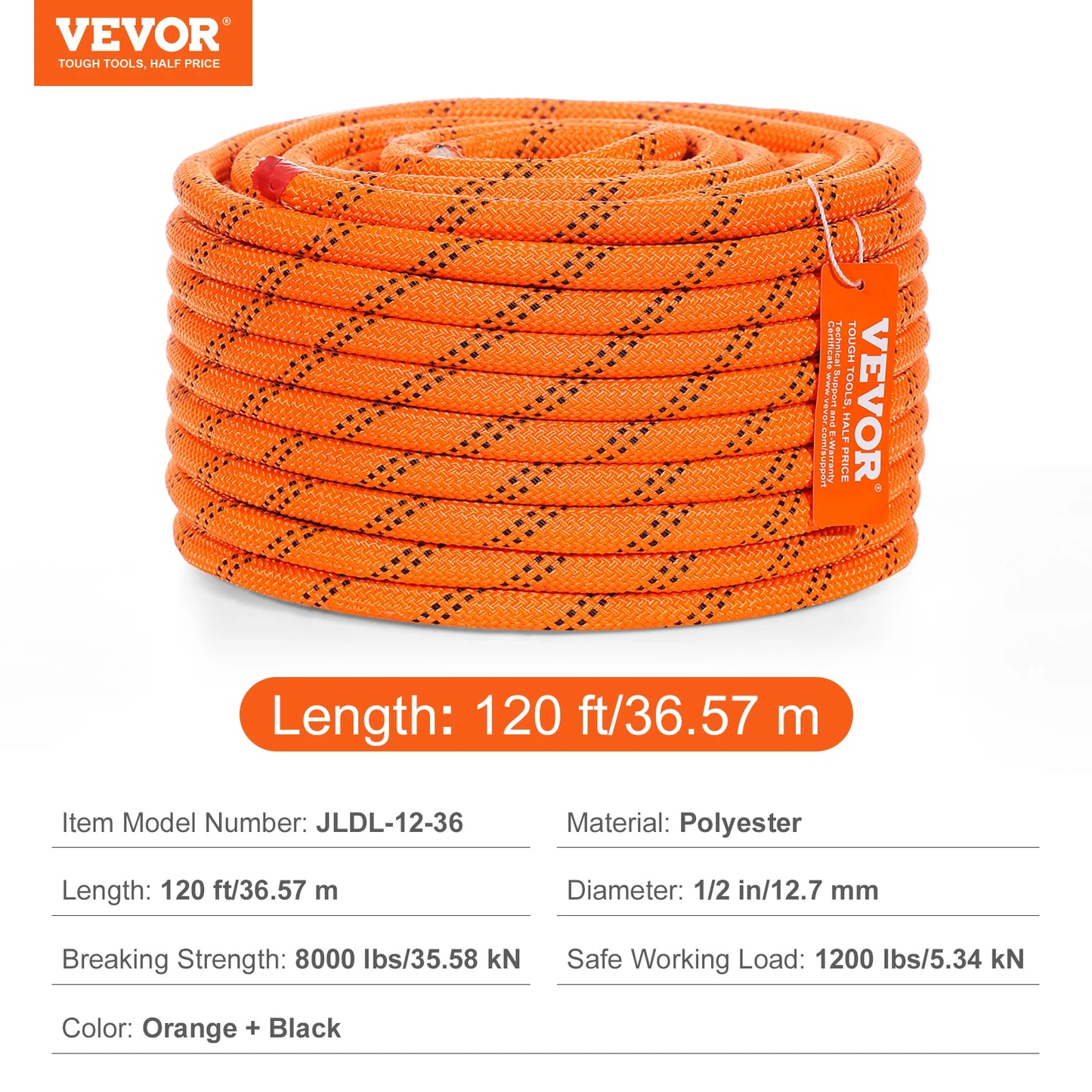 120 FT Dual-Weave Polyester Cord, 3/8 or 1/2in 48-Strand Multi-Use Rope