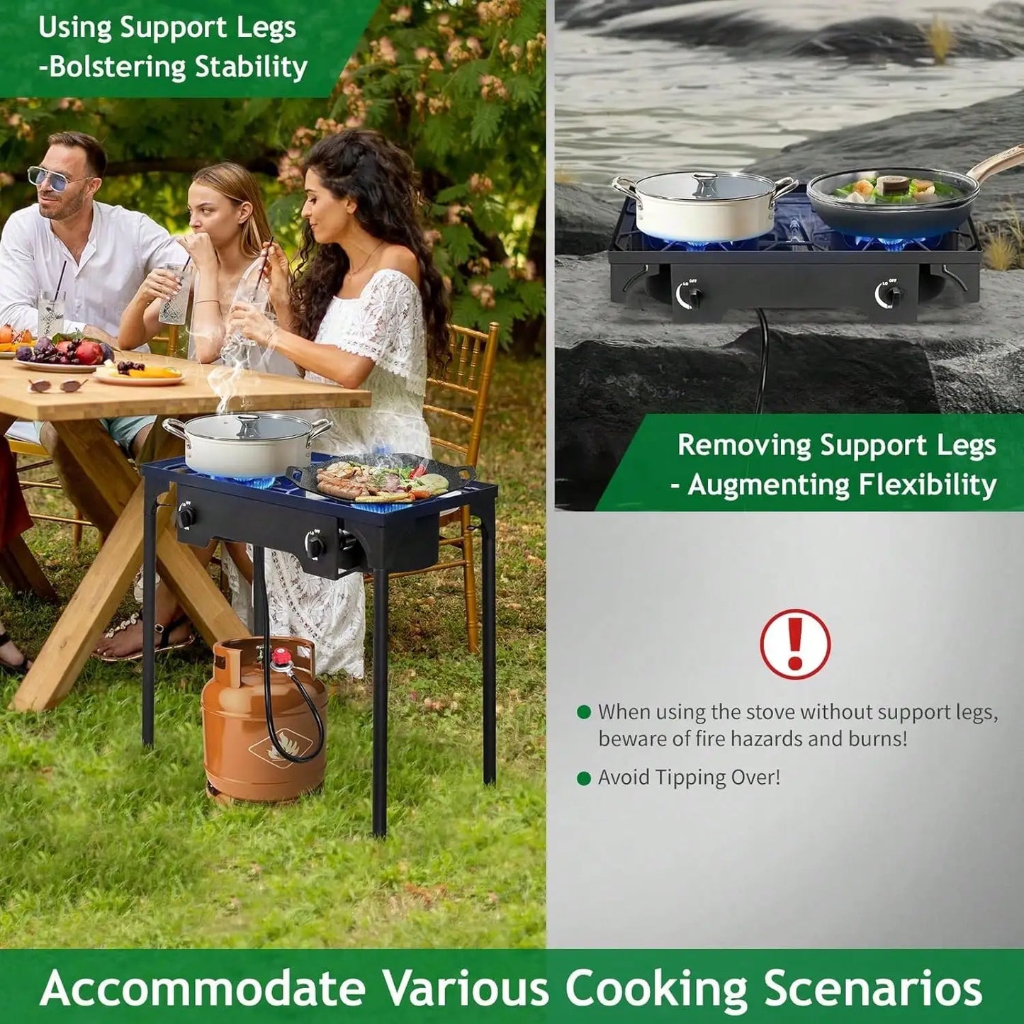 2-Burner Propane Camping Stove – 150,000 BTU Outdoor Cooker with Removable Legs & Temperature Control