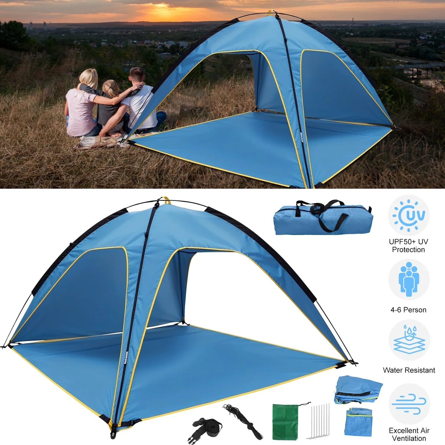 Beach Tent Sun Shelter UPF 50+ – 6.9 x 6.9 ft Portable Canopy for 4–6 Adults