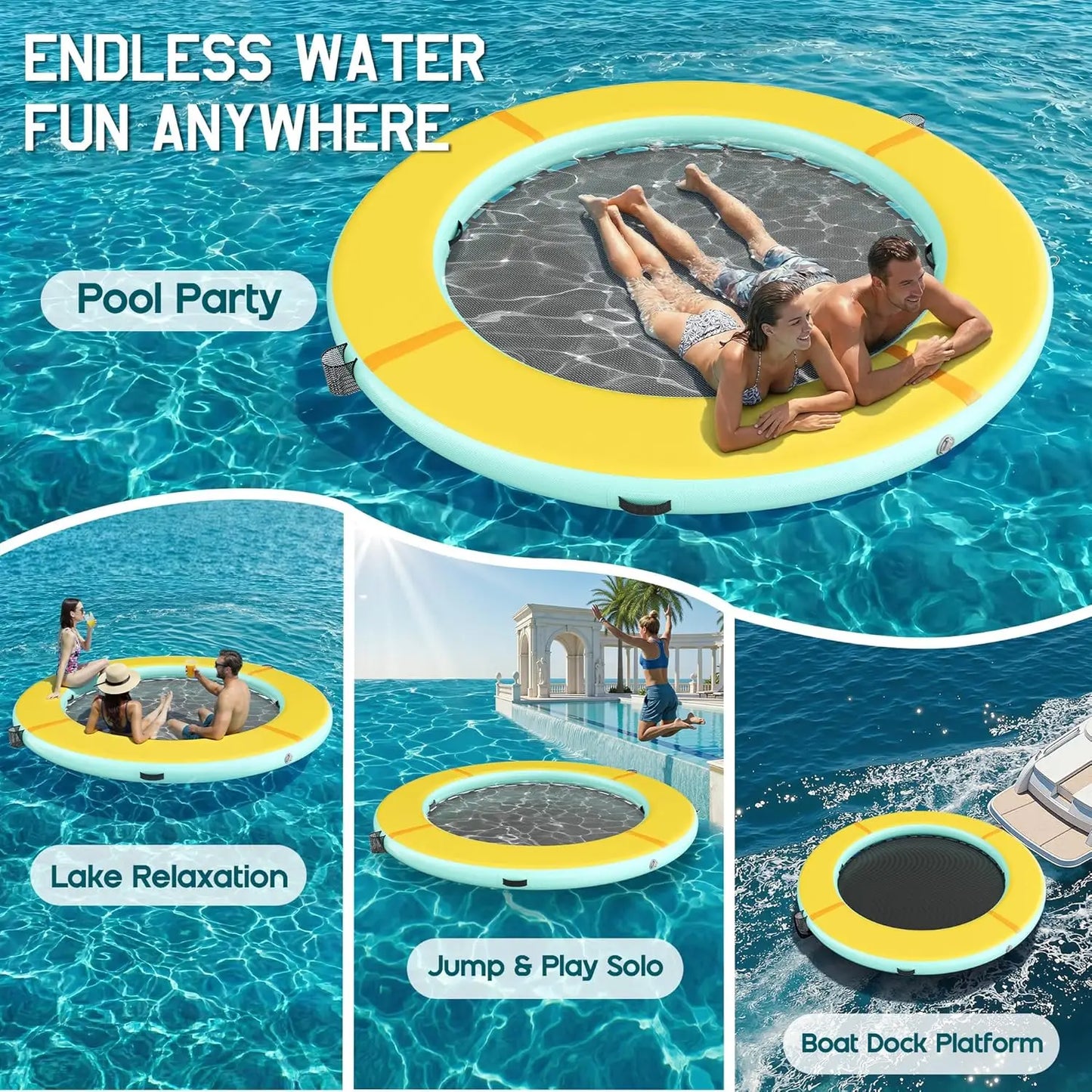 Inflatable Water Hammock Float with Soft Ladder, Cup Holders and Mat Center, Round & Hexagon Lake Raft for 4–10, Customized