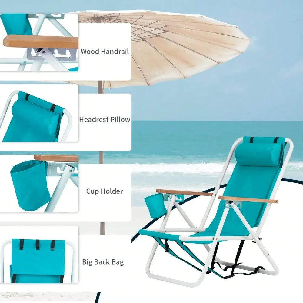 Beach Chair Set of 2 — 4-Position Portable Backpack Chair with Headrest & Cup Holder