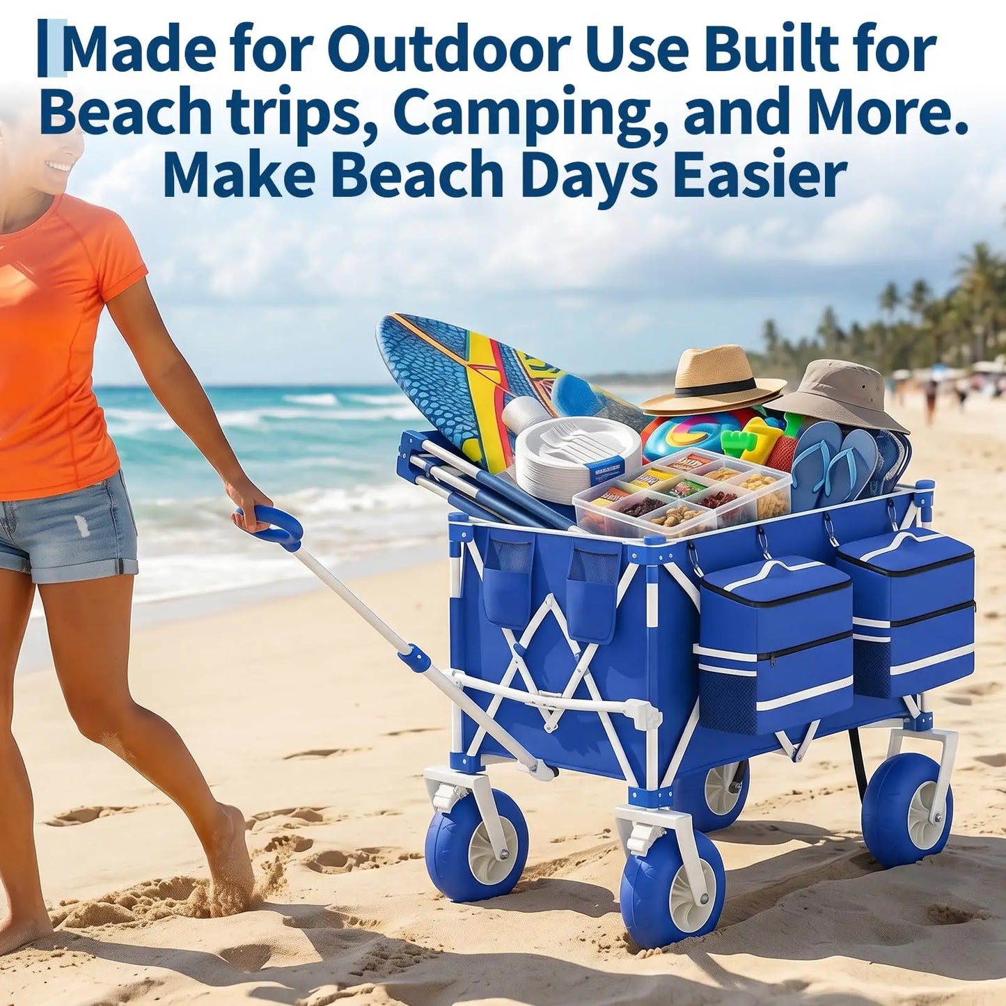 Heavy Duty Beach Wagon Cart | 460LBS | Folding Utility Wagon with 9" All-Terrain Wheels