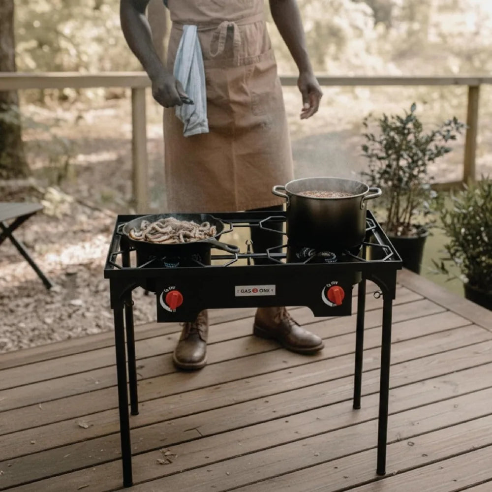 Propane Double Burner Camp Stove | High Pressure | Adjustable PSI | Cast Iron Grates