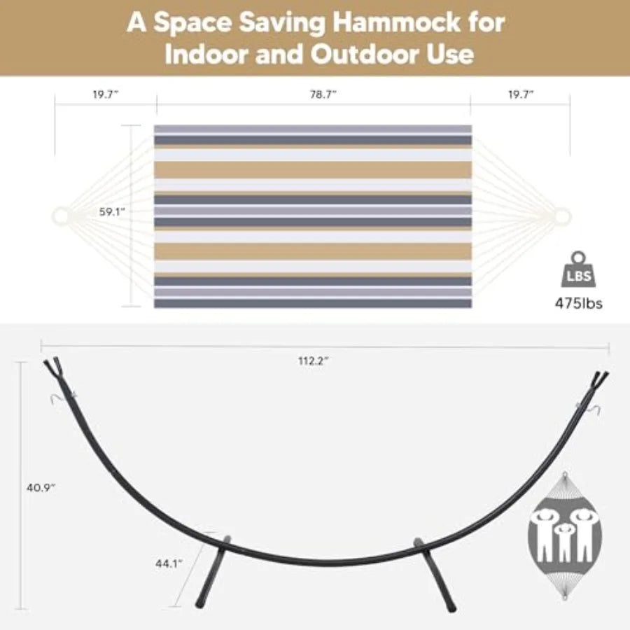 2 Person Hammock with Stand for Outdoor Patio Use, Heavy Duty Steel Frame, Coffee Stripes Pattern, Easy Setup Portable Design