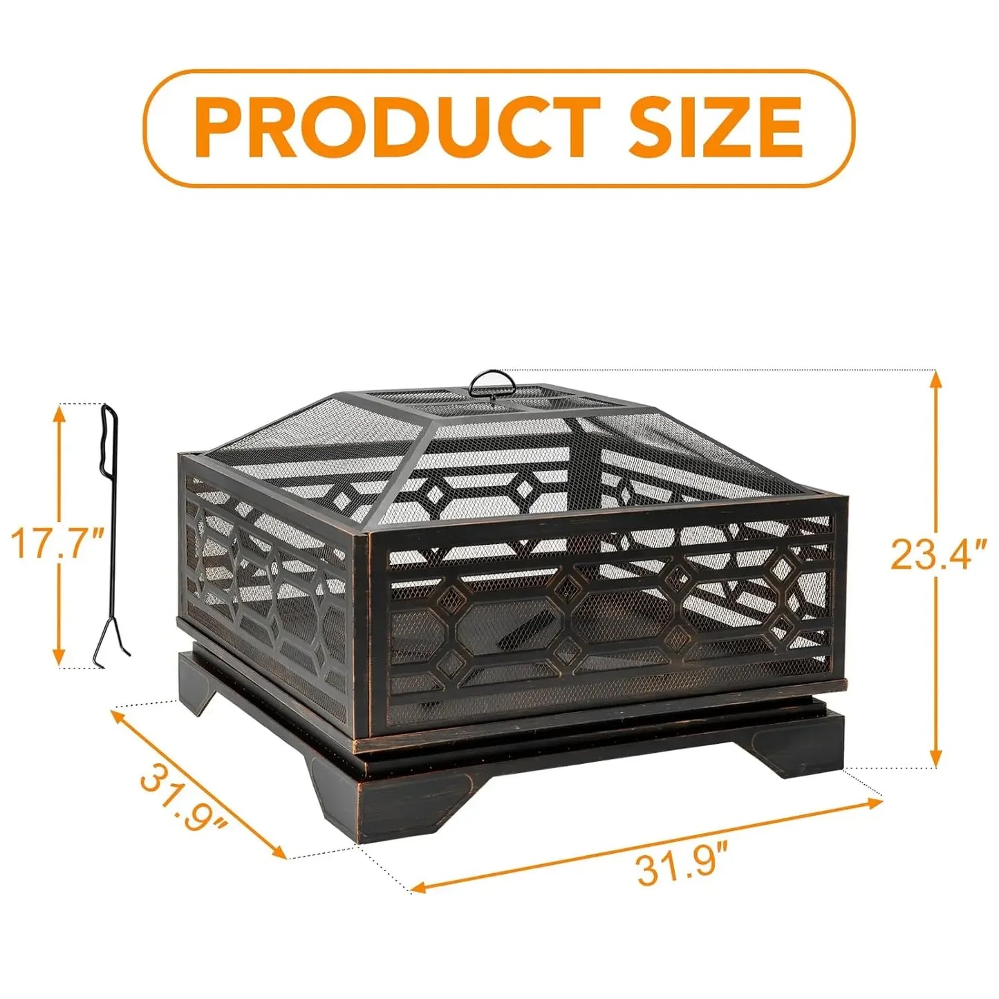 Outdoor Fire Pit, 32 Inch Wood Burning Firepit for Outside with Mesh Cover & Fire Poker, Large Square Metal, Customized