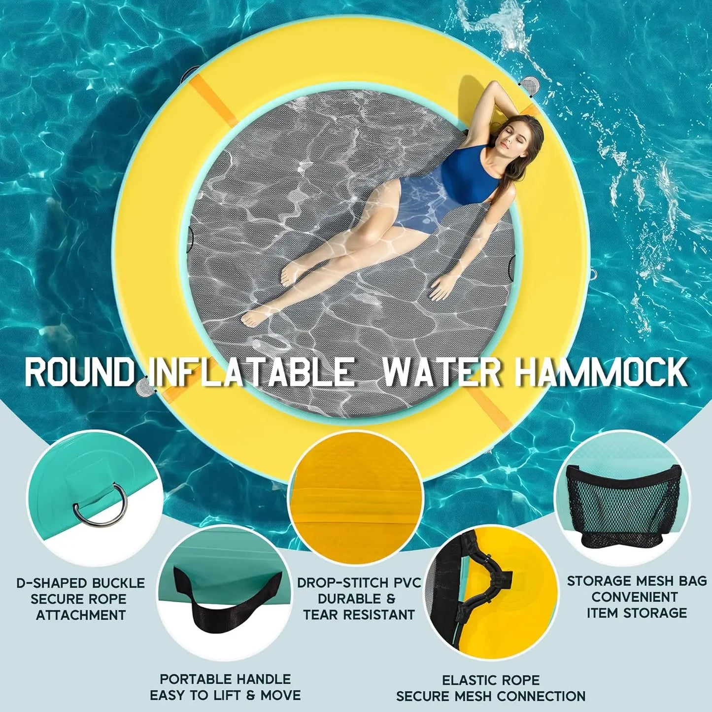 Inflatable Water Hammock Float with Soft Ladder, Cup Holders and Mat Center, Round & Hexagon Lake Raft for 4–10, Customized