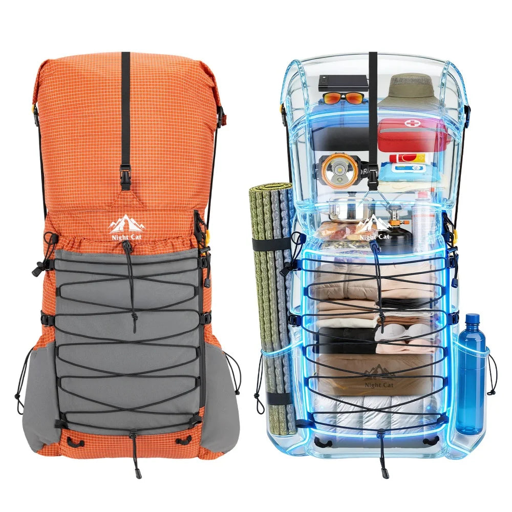 Internal-frame Hiking Backpack: 50L / 60L / 70L Roll Top with Rain Cover