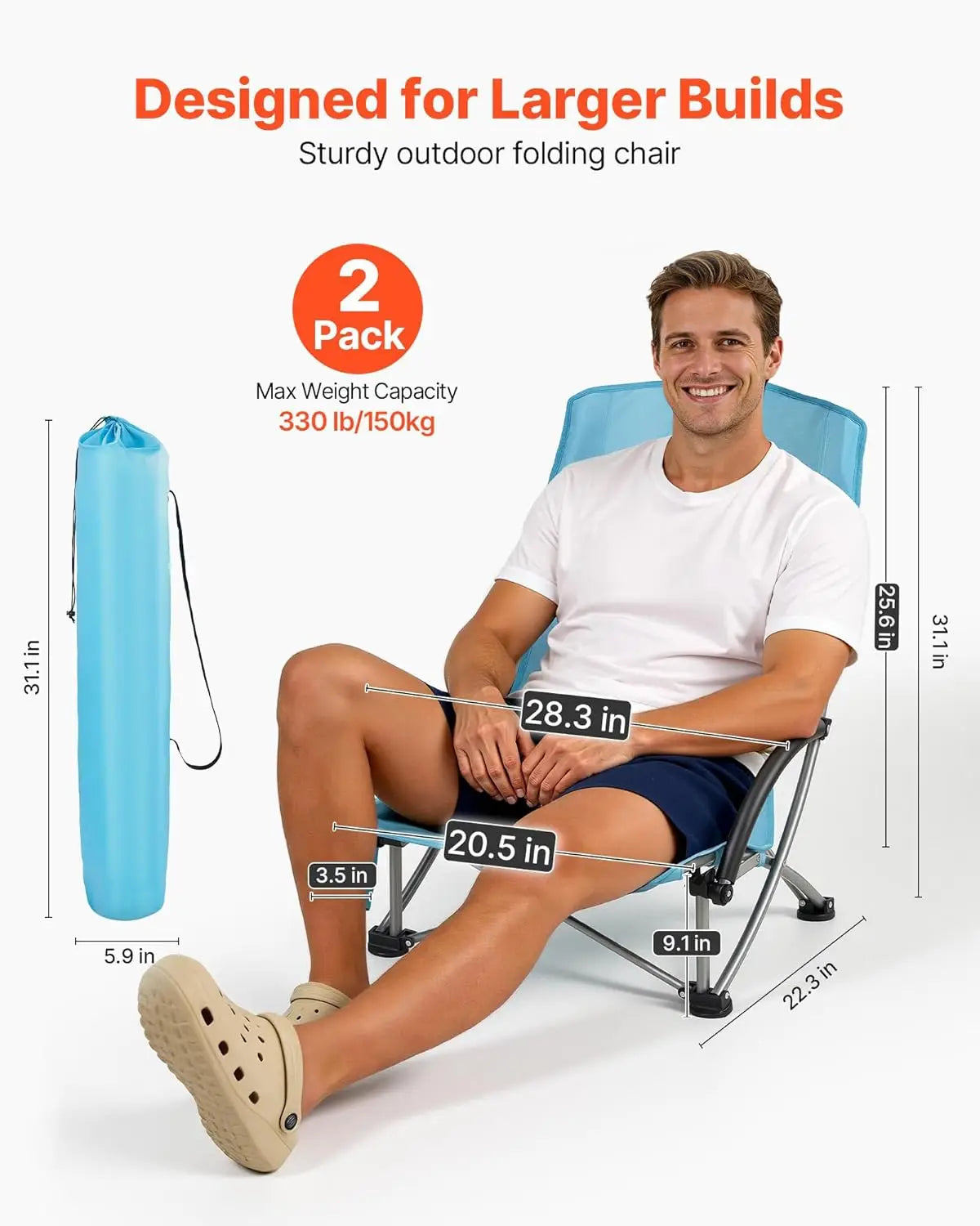 High Back Folding Beach Chair — Mesh Back, Cup Pocket & Carry Bag (1 or 2 Pack)