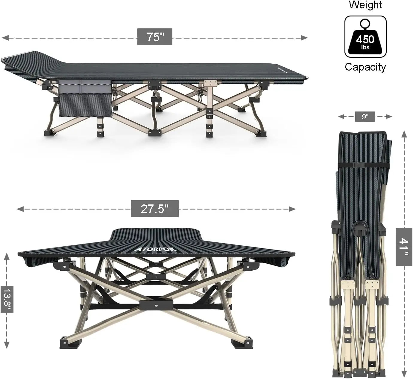 Camping Cot  with Carry Bag Supports 450 lbs,