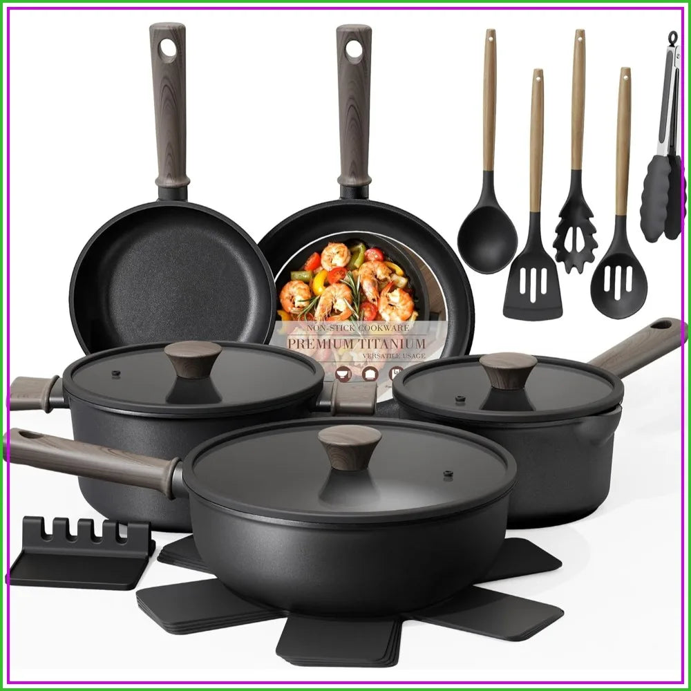 19 Pcs Pots and Pans Set Non Stick, Black Titanium