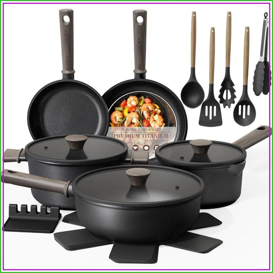 19 Pcs Pots and Pans Set Non Stick, Black Titanium