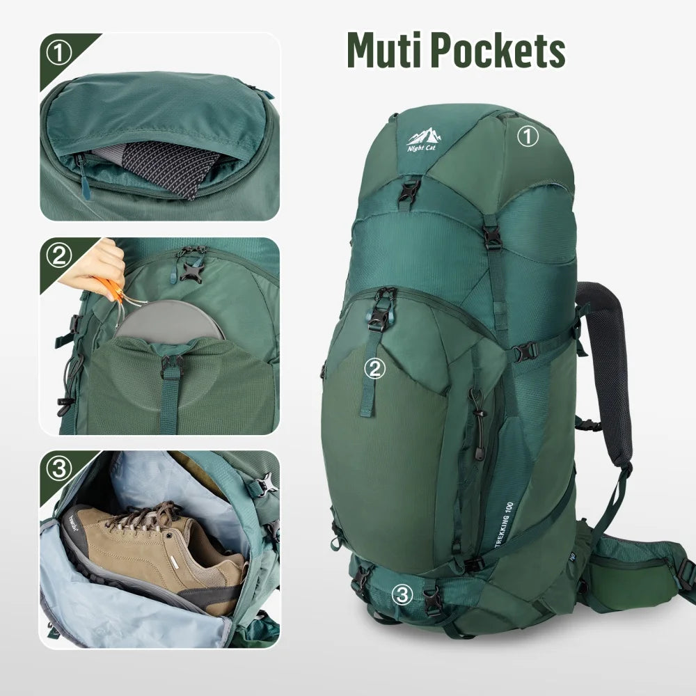 Internal-frame Hiking Backpack: 100L, Waterproof Rain Cover
