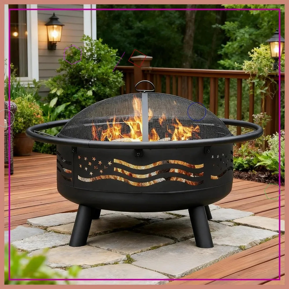 32 Inch American Flag Fire Pit with Mesh Cover & Poker