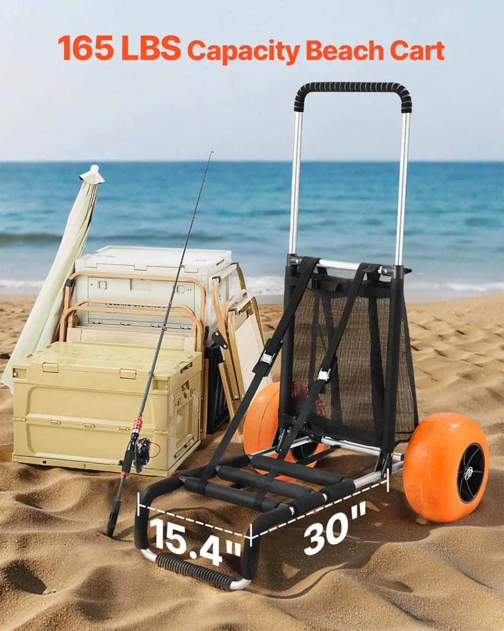 Heavy Duty Beach Cart with 12" Solid Wheels, Folding Sand Wagon 165LBS Capacity, Adjustable Handle for Camping & Outdoor