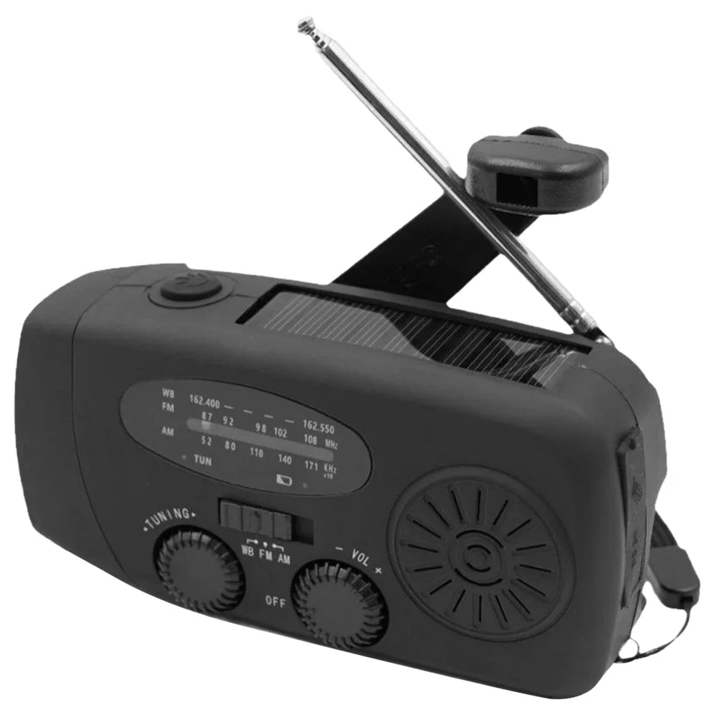 Portable Emergency Crank Radio — Solar & Hand Crank, FM/AM/WB + LED Flashlight