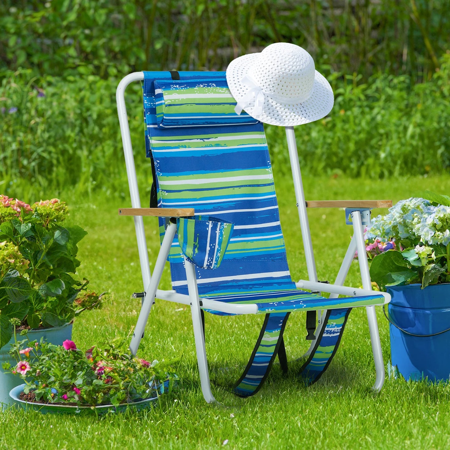 Folding Beach Chair, 4 Position, Wooden Armrests