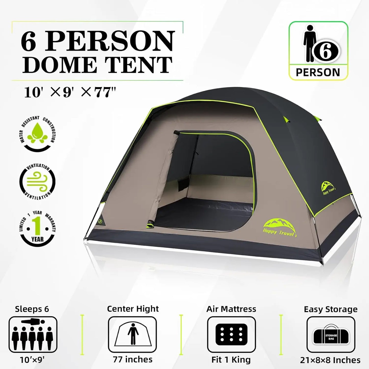 Dome Camping Tent for 4-6 Persons, Waterproof with Rainfly, Easy Clip Setup, Portable Family Tent with Mesh Windows, 20% Extra Headroom for Backpacking & Hiking