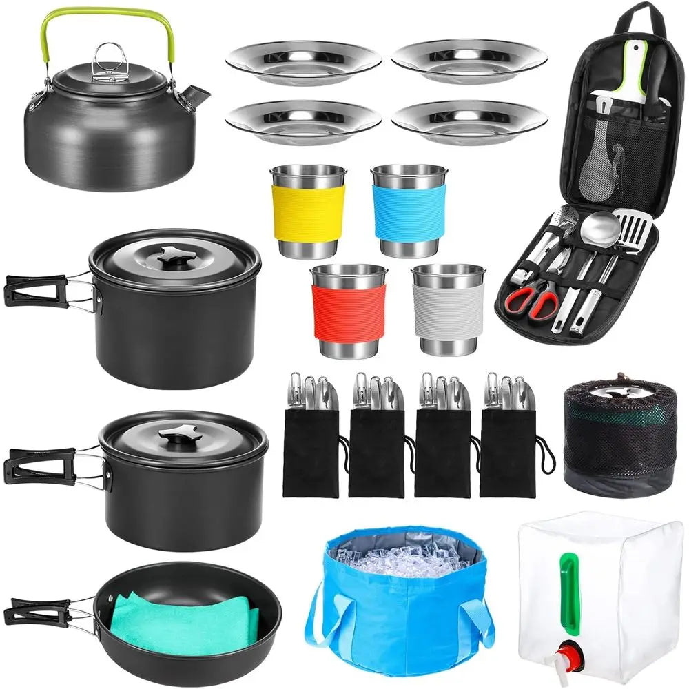 42 Pcs Camping Cookware Kit, Non Stick Lightweight Pots Pan Kettle, Collapsible Water Container and Bucket, Stainless Steel Cups