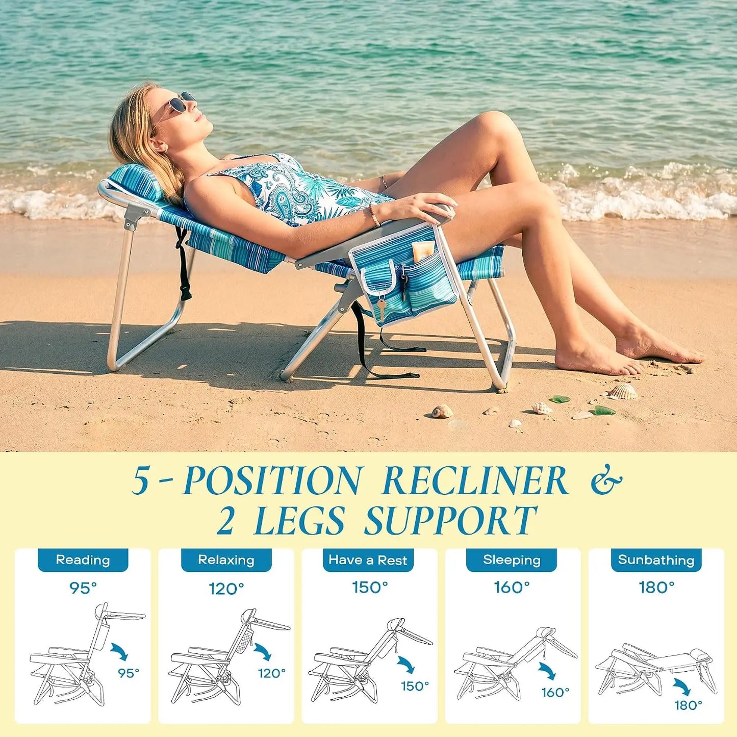Tall Beach Chairs for Adults 2 Pack — 5-Position Lay Flat High Seat with Cooler