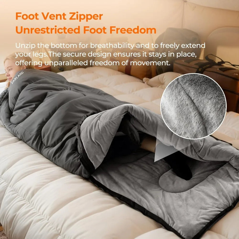 FARLAND Cold Weather Sleeping Bag for Adults – Fleece-Lined, Down-Cotton Fill, Rated to -20°C