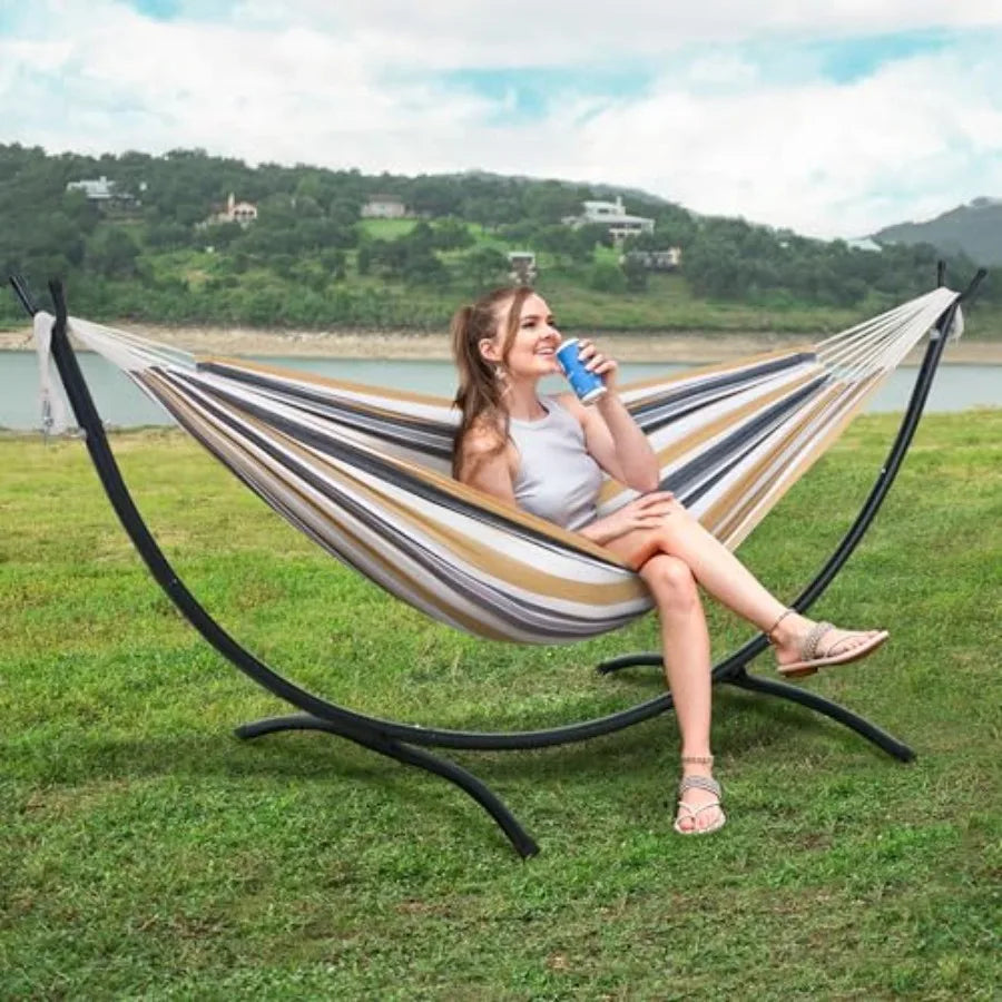 2 Person Hammock with Stand for Outdoor Patio Use, Heavy Duty Steel Frame, Coffee Stripes Pattern, Easy Setup Portable Design