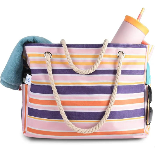 Large Waterproof Beach Tote with Zipper, Solid or Travel Pool