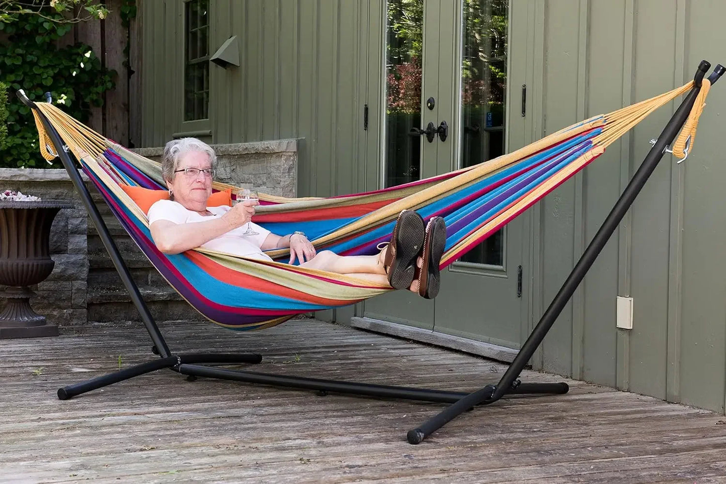 Activity limited-time priceDouble Cotton Hammock with Space Saving Steel Stand, Upgraded Polyester End Strings 450 lb Capacity -
