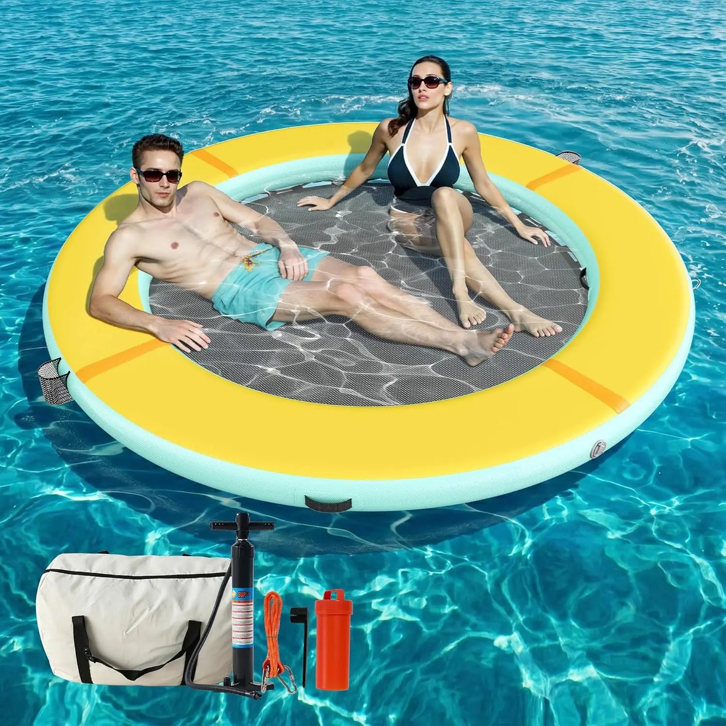 Inflatable Water Hammock Float with Soft Ladder, Cup Holders and Mat Center, Round & Hexagon Lake Raft for 4–10, Customized