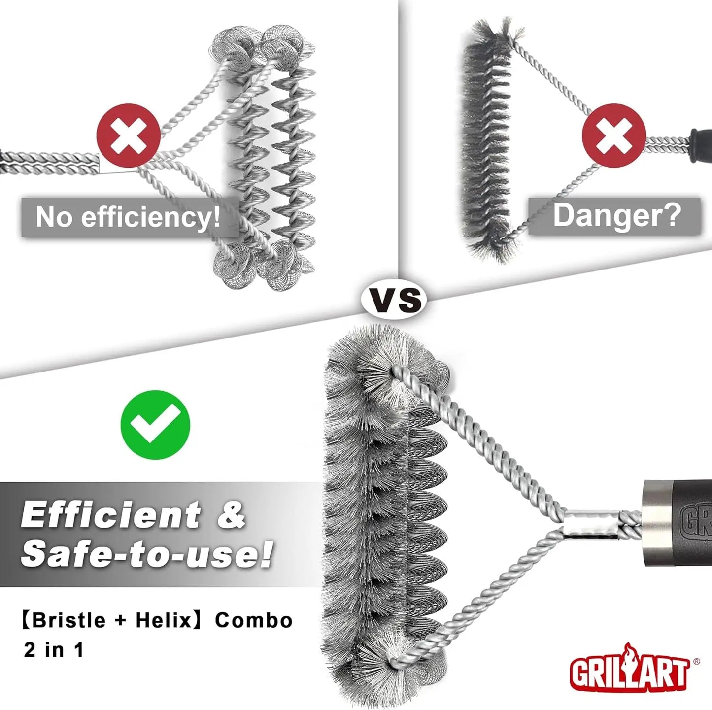 2-in-1 BBQ Grill Brush: Wire & Helix Combo - Safe, Efficient Cleaning for All Grills - 18" Long Handle