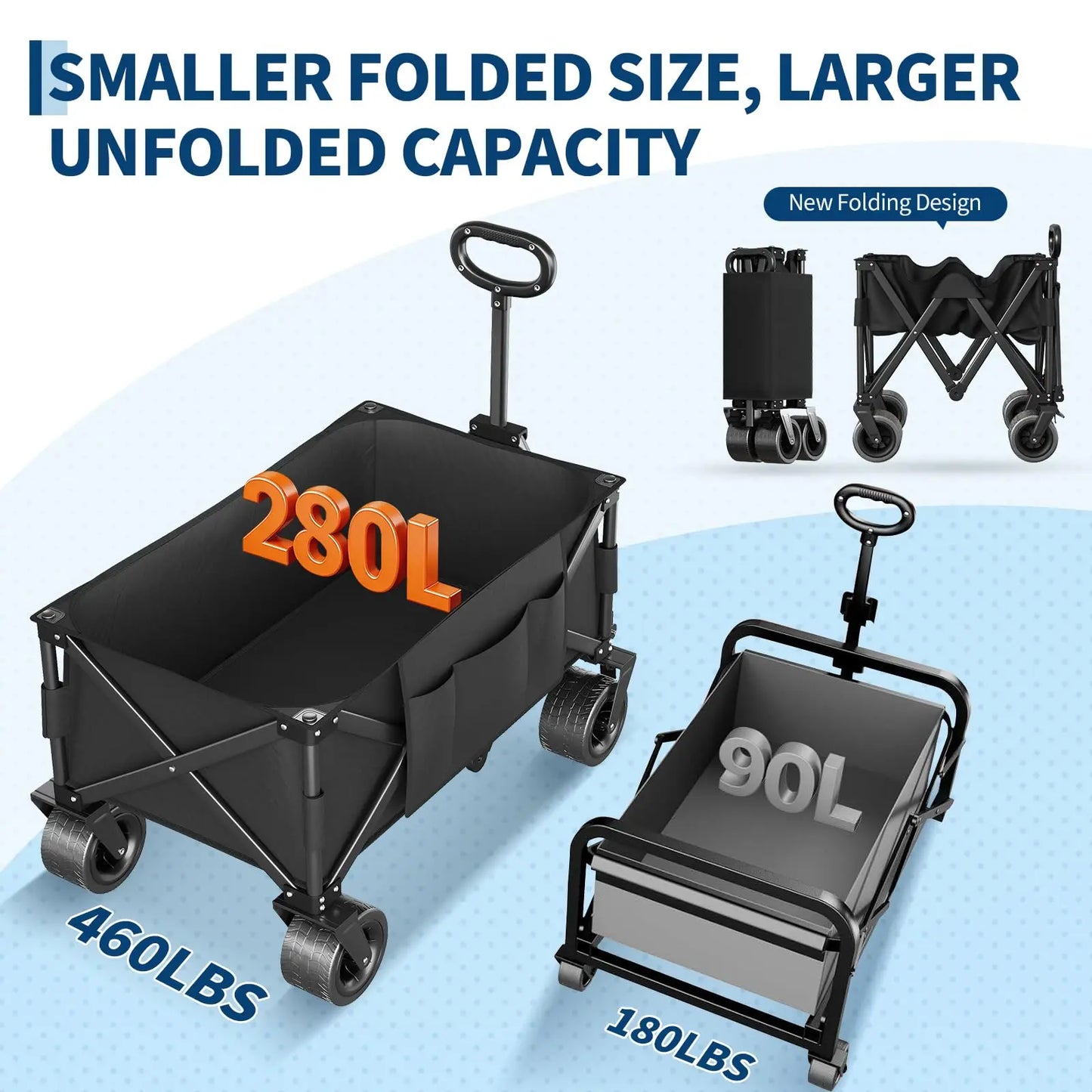 Heavy Duty Foldable Wagon Cart — 460 LBS / 280L All-Terrain with Brakes, Cover & Strap