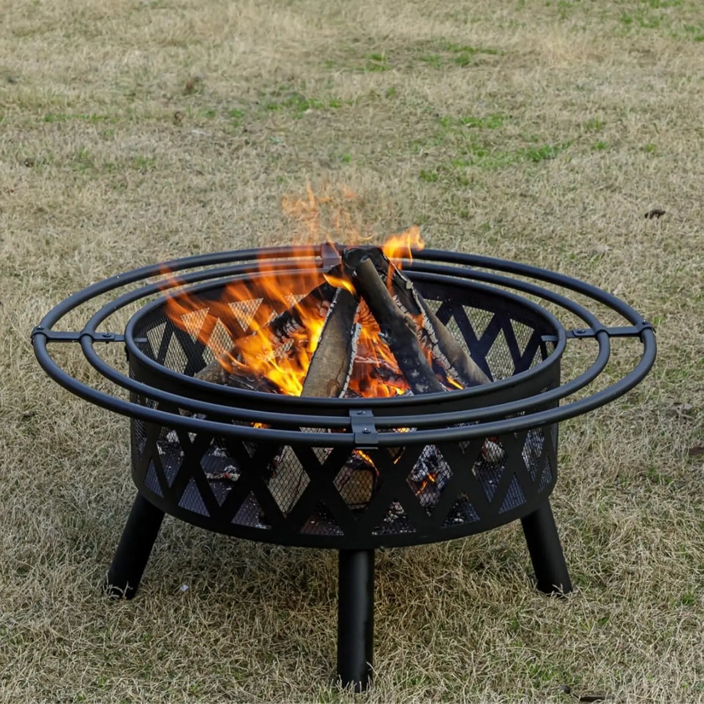 36 Inch Wood Burning Fire Pit with Spark Screen & Fire Poker
