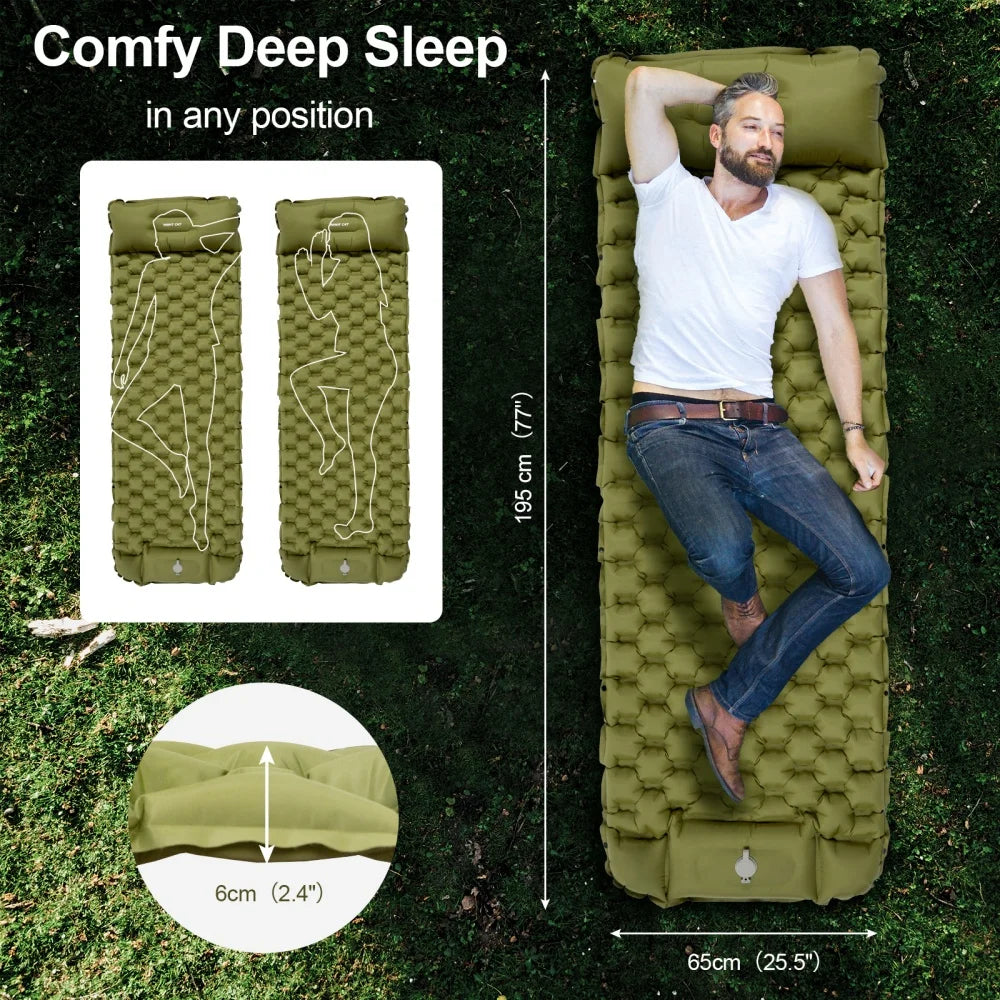 Inflatable Sleeping Mat with Pillow, Foot Pump, 77"x25.5"