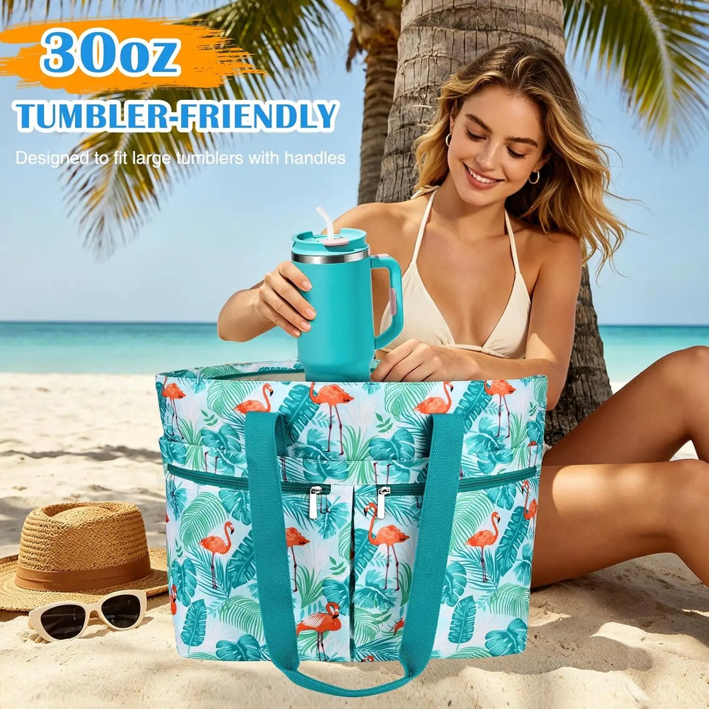 Large Beach Bag with Zipper, Waterproof, Sandproof, with Wet Pocket